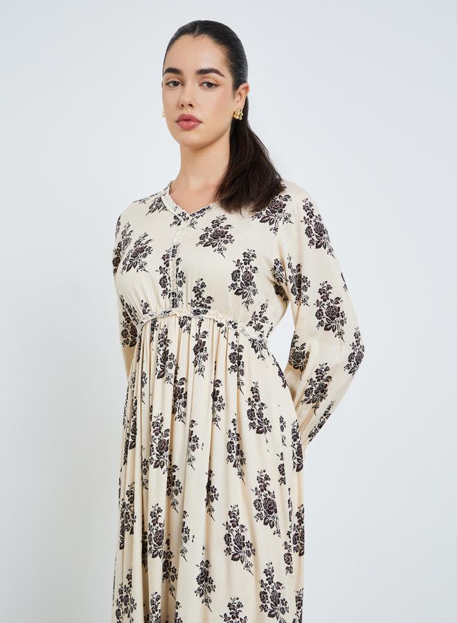 ستايلي فستان طويل بأزرار وحافة واسعة وطبعة أزهار للنساء - Image 2